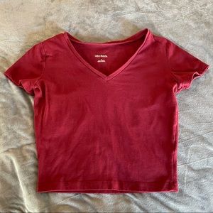 Cropped Burgundy V neck Tee